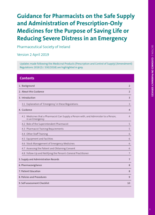 Guidance for Pharmacists on the Safe Supply and Administration of Prescription-Only Medicines for the Purpose of Saving Life or Reducing Severe Distress in an Emergency pdf cover